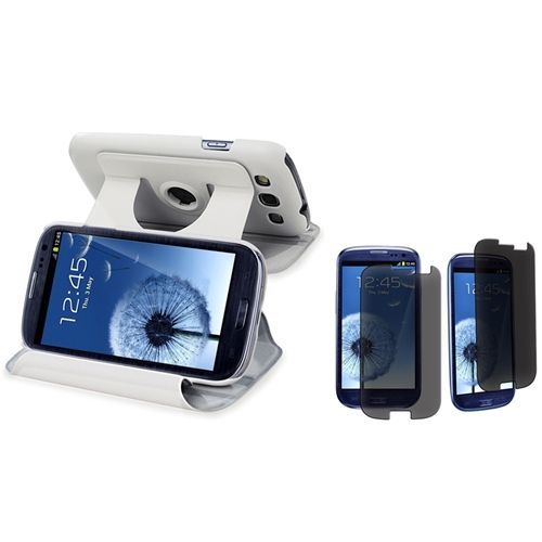 Blanc Flip Cuir Housse Coque +2x Privacy Film Pour Samsung Galaxy S Iii S3 I9300 I9305