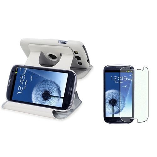 Blanc Cuir Housse Coque+Diamant Film Pour Samsung Galaxy S Iii S3 4g I9300 I9305