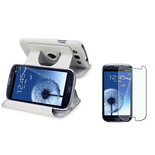 Blanc Flip Cuir Housse Coque +2x Diamant Film Pour Samsung Galaxy S Iii S3 I9300 I9305
