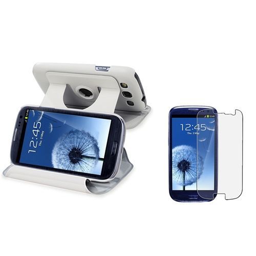Blanc Cuir Housse Coque+Mat Film Etui Pour Samsung Galaxy S Iii S3 I9300 I9305