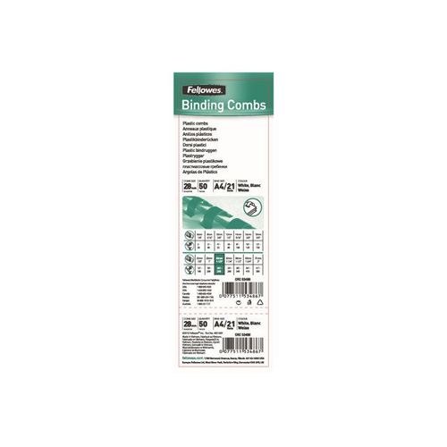 Fellowes Plastic Comb - 28 mm - 30 cm - 21 anneaux - A4 (210 x 297 mm) - 260 feuilles - blanc - 50 unités peigne de reliure en plastique - pour Fellowes Galaxy 500, Galaxy E 500, Pulsar 300...