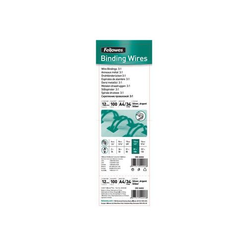 Fellowes - 12 mm - 34 anneaux - A4 (210 x 297 mm) - 100 feuilles - argenté(e) - 100 unités fil de ligature - pour Fellowes Galaxy 500, Galaxy E 500, Pulsar 300, Starlet 90