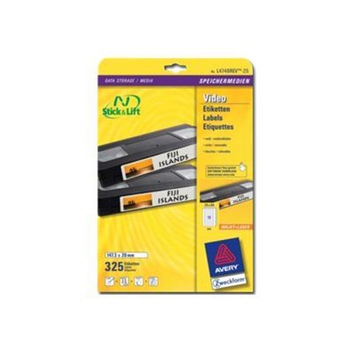 Avery L4746REV - Étiquettes pour cassettes vidéo amovibles - blanc - 20 x 147.3 mm 325 unités ( 25 feuille(s) x 13 )