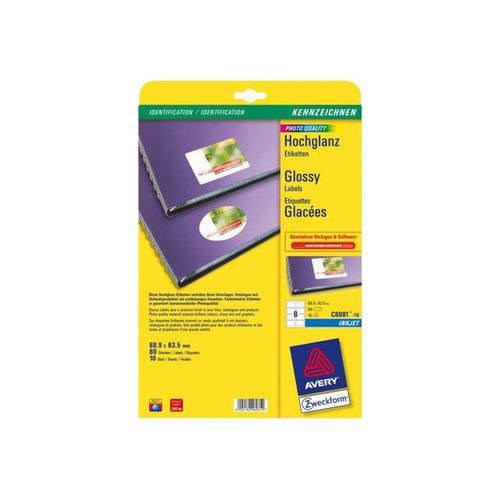 Avery C6081 - Étiquettes sur papier photo glacé - blanc - 63.5 x 88.9 mm 80 unités ( 10 feuille(s) x 8 )