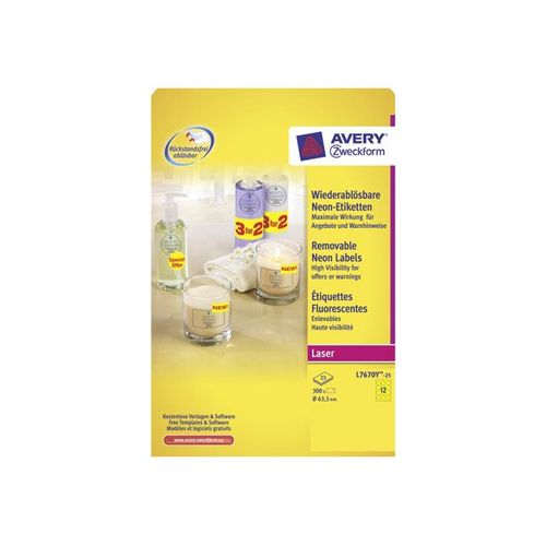 Avery L7670Y - Jaune fluo - diamètre 63,5 mm 300 étiquette(s) (25 feuille(s) x 12 étiquettes rondes