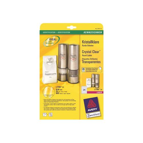Avery - Étiquettes glacées adhésives permanentes en polyester - cristal - diamètre 40 mm 600 étiquette(s) ( 25 feuille(s) x 24 )