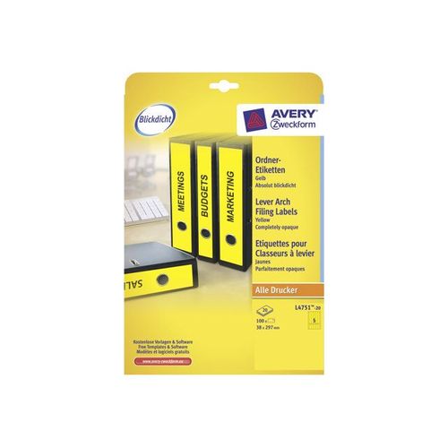 Avery File Folder Labels - Étiquettes pour dossiers - jaune - 38 x 297 mm 100 étiquette(s) ( 20 feuille(s) x 5 )