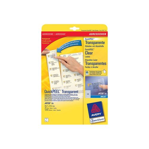 Avery Zweckform J4720 - Étiquettes en polyester adhésives - clair - 21.2 x 45.7 mm 1200 étiquette(s) ( 25 feuille(s) x 48 )