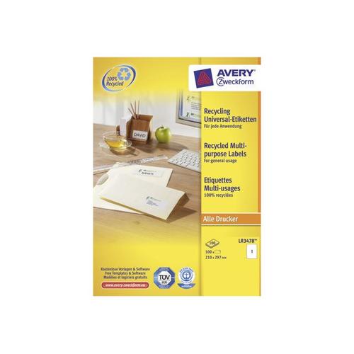 Avery QuickPEEL Recycled Labels LR3478 - Étiquettes recyclées - blanc - A4 (210 x 297 mm) 100 étiquette(s) ( 100 feuille(s) x 1 )