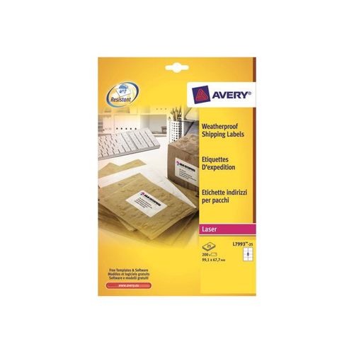 Avery Zweckform L7993 - Étiquettes d'expédition résistantes aux intempéries adhésives permanentes - blanc - 67.7 x 99.1 mm - 200 étiquette(s) ( 25 feuille(s) x 8 )