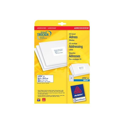 Avery Zweckform J4792 - Étiquettes adresses - blanc - 29.6 x 63.5 mm 675 étiquette(s) ( 25 feuille(s) x 27 )