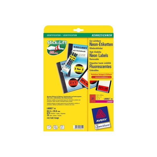 Avery Zweckform L6003 - Étiquettes - rouge fluorescent - 63.5 x 29.6 mm 675 étiquette(s) ( 25 feuille(s) x 27 ) promo