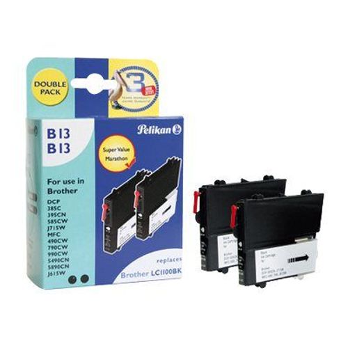 Pelikan B13 Double Pack - Pack de 2 - 13 ml - noir - cartouche d'encre (équivalent à : Brother LC1100BK ) - pour Brother DCP-145, 163, 167, 193, 195, 197, 365, 373, 375, 377, MFC-250, 255, 290...