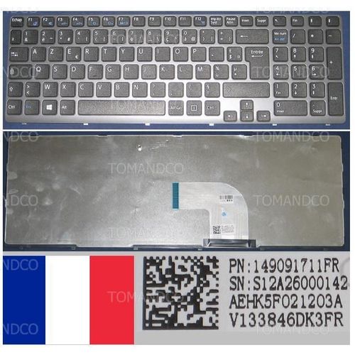 Clavier Azerty Français / French Pour SONY VAIO SVE15 SVE-15 SVE 15 Series, Win 8, Noir / Black, Gris-frame, Model: AEHK5F021203A, P/N: 149091711, V133846DK3