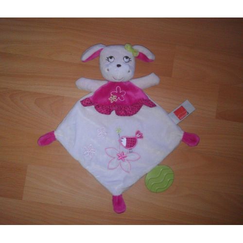 Doudou Plat Influx Chien Rose Brodé D'un Oiseau, Anneau De Dentition Vert