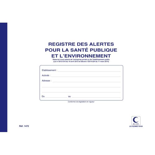 Elve Registre Des Alertes Pour La Santé Publique Et L¿Environnement 210 X 297 Mm 48 Pages