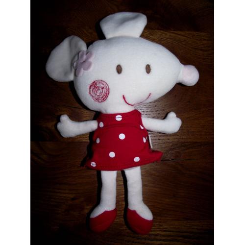 Doudou Peluche Souris Dpam Du Pareil Au Meme Semi-Plat - Blanc Fleur Rose Robe Rouge Pois Blanc Grelot