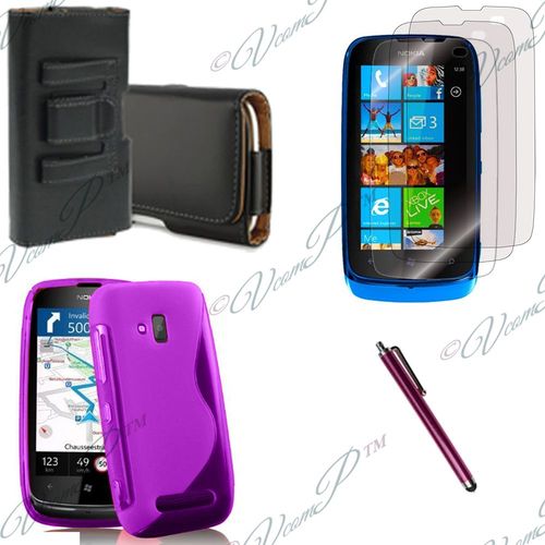 Lot Coque Etui Housse Pochette Accessoires Silicone Gel Films Stylet Cuir Clip Ceinture Pour Nokia Lumia 610 - Violet