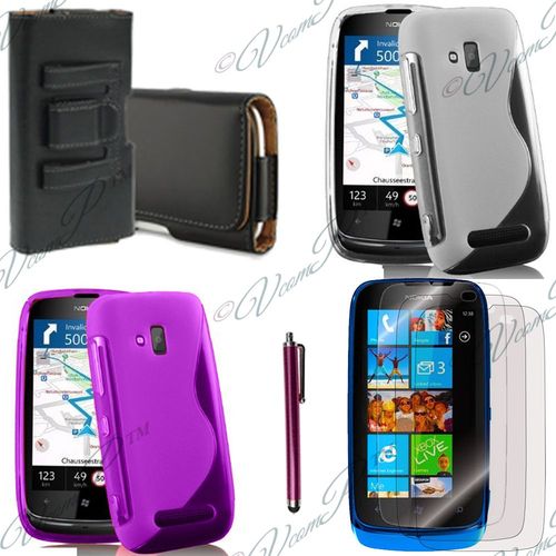 Lot Coque Etui Housse Pochette Accessoires Silicone Gel Films Stylet Cuir Clip Ceinture Pour Nokia Lumia 610 - Violet