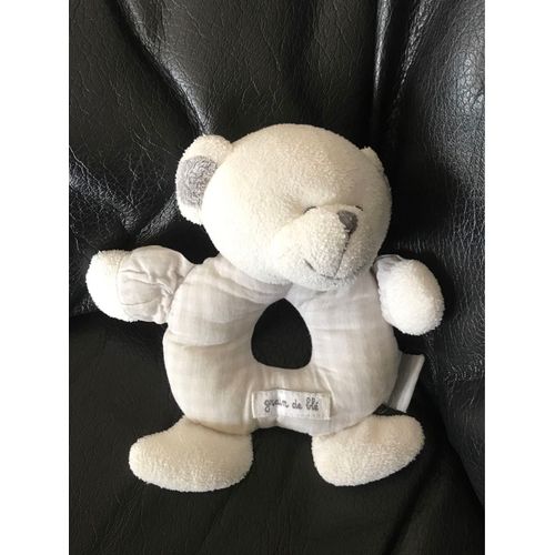 Doudou Peluche Ours Blanc Et Gris Hochet 14cm Grain De Blé