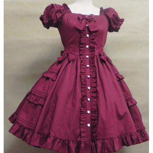 Robe À Volants Large Manches Courtes Boutons Blancs Noeuds Papillon Froufrous Coton Classic Casual Lolita Epoque Victorienne Soirée Sortie Détente Bleu Marine Rouge Bordeaux Black Sugar