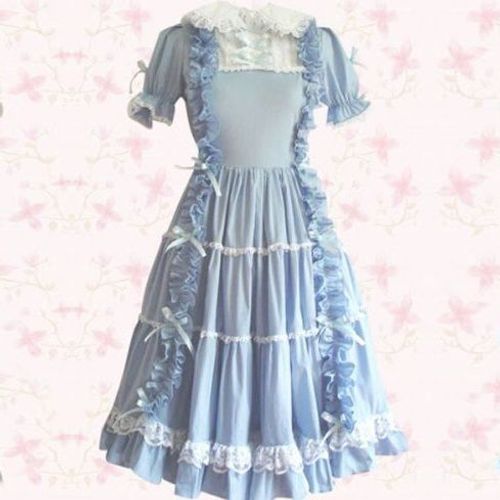 Robe Bleu Ciel Coton Col Dentelle Ruban Froufrous Manches Mi-Longues Sweet Lolita Ama Lolita Mode Japonaise Kawaï Mignon Convention Soirée Tea Party Bal Grandes Occasions Poupée Doll Black Sugar