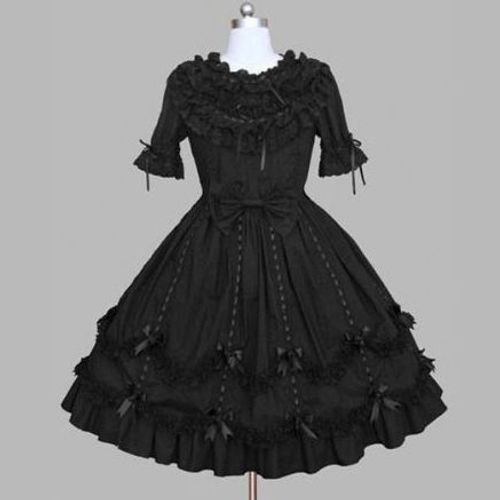 Robe À Volants Dentelle Noeuds Papillon Ruban Coton Noir Manches Mi-Longues Sweet Gothic Kuro Lolita Goth Emo Mode Japonaise Kawaï Doll Poupée Convention Soirée Tea Party Black Sugar Shop