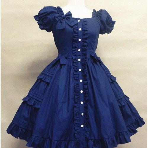 Robe À Volants Large Manches Courtes Boutons Blancs Noeuds Papillon Froufrous Coton Classic Casual Lolita Epoque Victorienne Soirée Sortie Détente Bleu Marine Rouge Bordeaux Black Sugar