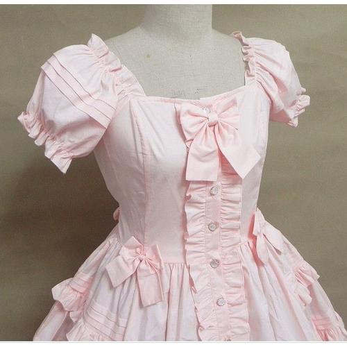 Robe À Volants Large Manches Courtes Boutons Blancs Noeuds Papillon Froufrous Coton Classic Casual Sweet Lolita Convention Soirée Sortie Détente Bleu Ciel Rose Pâle Black Sugar