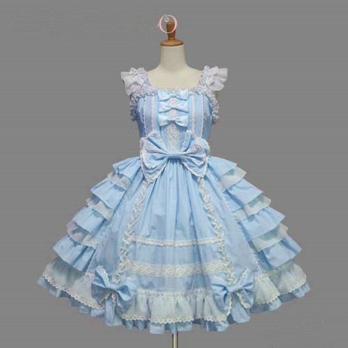 Robe Coton À Volants Dentelle Lacet Noeuds Papillon Multilayer Bleu Rose Violet Noir Jaune Blanc Sweet Gothic Maid Lolita Mode Japonaise Japanese Fashion Convention Tea Party Soirée Black Sugar
