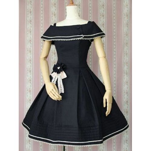 Robe Coton Bretelles Mini-Cape Amovible Rosace Ruban Dentelle Coton Bleu Noir Beige Sailor Lolita Navy Uniforme Marin Matelot Convention Soirée Sortie Mode Japonaise Kawaï Mignon Black Sugar