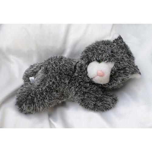 Peluche Doudou Chat Couché Poil Blanc Et Noir Yeux Vert Nez Rose Gipsy