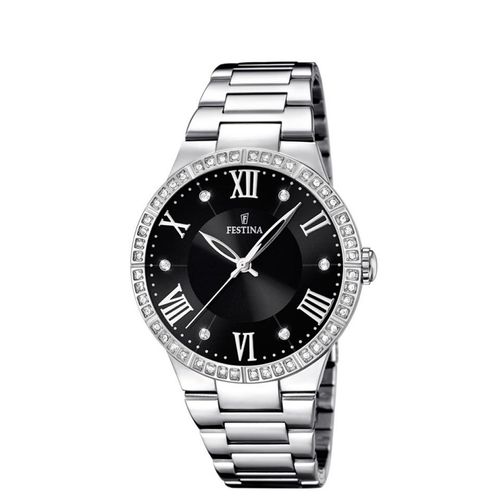 Montre Pour Dame En Acier Argenté Cadran Noir Orné De Zircons Festina