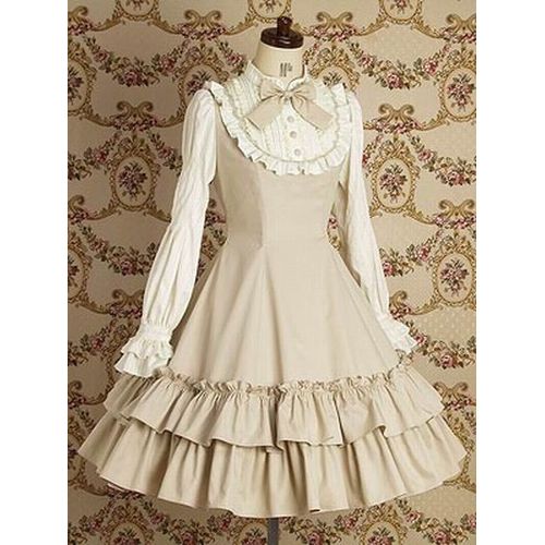 Robe Coton Volants Manches Longues Dentelle Noeud Papillon Boutons Classic Sweet Gothic Lolita Maid Japonais Tenue Costume Déguisement Convention Soirée Grandes Occasions Tea Party Bal Black Sugar