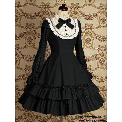Robe Coton Volants Manches Longues Dentelle Noeud Papillon Boutons Classic Sweet Gothic Lolita Maid Japonais Tenue Costume Déguisement Convention Soirée Grandes Occasions Tea Party Bal Black Sugar