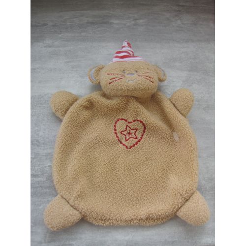 Doudou Chat Absorba Beige Marron Bonnet Rayé Rouge Blanc Plat 23cm