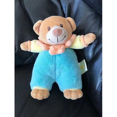 Doudou Ours Marron Bleu Et Orange Baby Luna 19cm