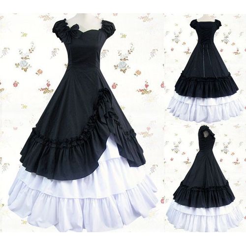 Robe Longue Manches Courtes Mancherons Style Epoque Victorienne Elégant Lolita Classique Gothique Noeuds Plis Vintage Simple Cérémonie Gala Soirée Costume Black Sugar Mode Déguisements Cosplay Paris