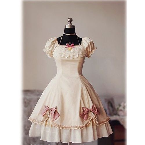 Robe Manches Courtes Bouffantes Dentelle Froufrous Noeuds Papillon Ruban Strass Rose Pêche Sweet Lolita Ama Loli Mode Japonaise Kawaï Mignon Doll Poupée Convention Soirée Tea Party Black Sugar