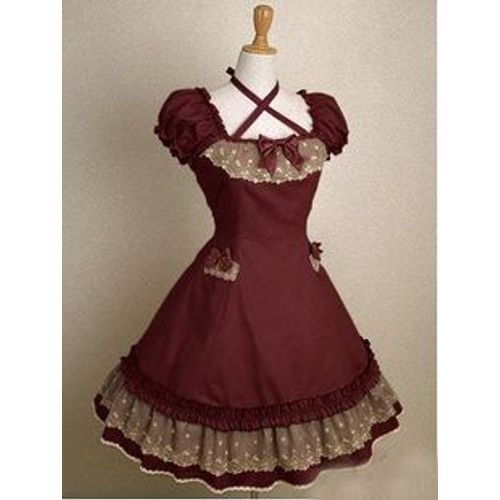 Robe Manches Courtes Dentelle Noeuds Papillon Col Lacets Rouge Beige Classic Sweet Gothic Country Lolita Mode Japonaise Japanese Fashion Mignon Kawaï Poupée Convention Soirée Tea Party Black Sugar
