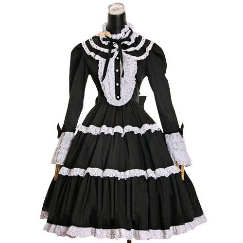 Robe Manches Longues Jabot Dentelle Boutons Noeud Papillon Noir/Blanc Gris/Noir Classic Gothic Lolita Maid Servante Mode Japonaise Kawaï Doll Convention Soirée Sortie Grandes Occasions Black Sugar