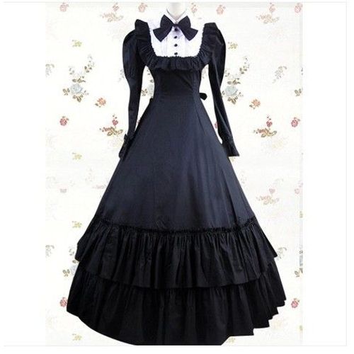 Robe Manches Longues Noeud Style Epoque Victorienne Élégant Vintage Lolita Gothique Classique Cérémonie Gala Spectacle Costume Black Sugar Paris Boutique Déguisements Cosplay