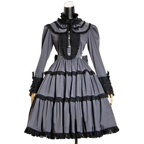Robe Manches Longues Jabot Dentelle Boutons Noeud Papillon Noir/Blanc Gris/Noir Classic Gothic Lolita Maid Servante Mode Japonaise Kawaï Doll Convention Soirée Sortie Grandes Occasions Black Sugar