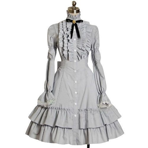 Robe Manches Longues Jabot Dentelle Froufrous Fermeture Boutons Noeud Ruban Coton Gris Classic Gothic Lolita Mode Japonaise Japanese Fashion Kawaï Mignon Convention Soirée Tea Party Black Sugar