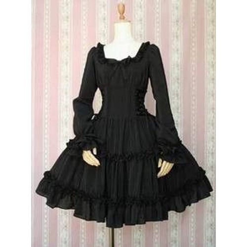 Robe Manches Longues Froufrous Noeud Lacet Réglable Bustier Corset Classic Gothic Lolita Mode Victorienne Japonaise Japanese Fashion Convention Soirée Tea Party Kawaï Mignon Poupée Doll Black Sugar