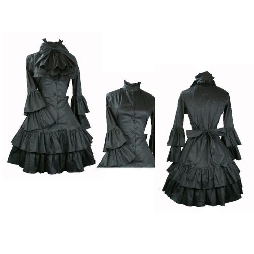 Robe Noire À Jabot Amovible Manches Longues Évasées Volants Col Relevé Boutons Classic Kuro Gothic Lolita Style Victorien Mode Japonaise Convention Soirée À Thème Tea Party Sortie Bal Black Sugar