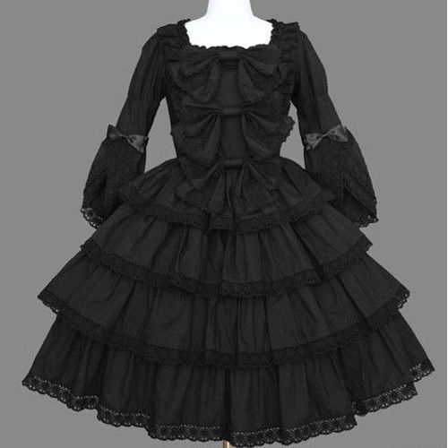 Robe Noire À Volants Dentelle Noeuds Papillon Manches Longues Coton Sweet Gothic Kuro Lolita Mode Japonaise Japanese Convention Soirée Grandes Occasions Bal Tea Party Poupée Doll Kawaï Black Sugar