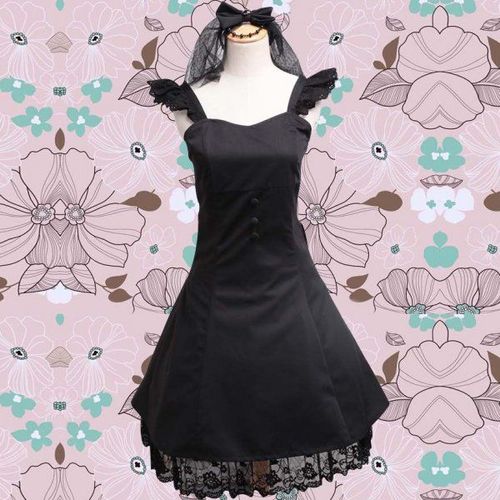 Robe Noire Coton Bretelles À Dentelle Boutons Collier Tour De Cou Noeud Papillon Voilette Tulle Strass Gothique Gothic Lolita Élégant Soirée Grandes Occasions Cérémonie Mariage Style Black Sugar