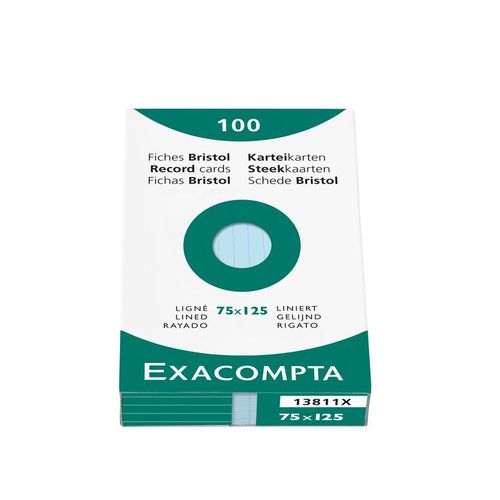Exacompta Étui De 100 Fiches Bristol Ligné Non Perforé 75x125mm Bleu