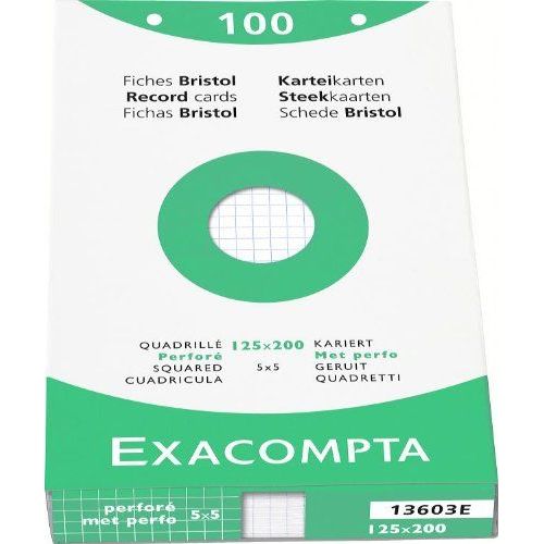 Exacompta Étui De 100 Fiches Bristol Blanc Quadrillé 5x5 Perforé 125x200mm Blanc